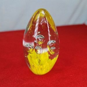 Bubble Egg Yellow Glass Paperweight 3"Vintage Oval Clear Teardrop Figurine